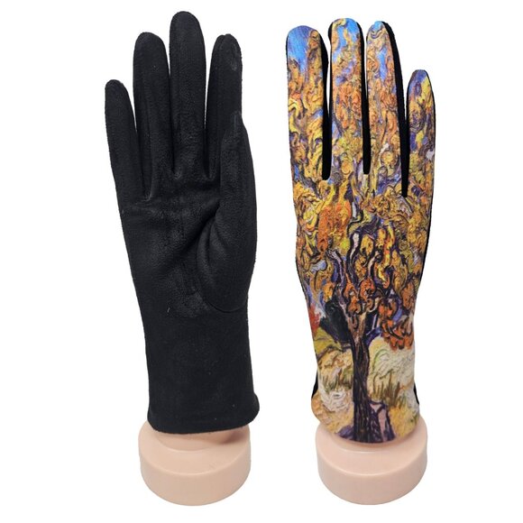 Women's Fleece Gloves, Vincent Van Gogh's "The Mulberry Tree" Print, 9" Long - Picture 2 of 5